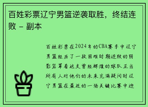 百姓彩票辽宁男篮逆袭取胜，终结连败 - 副本